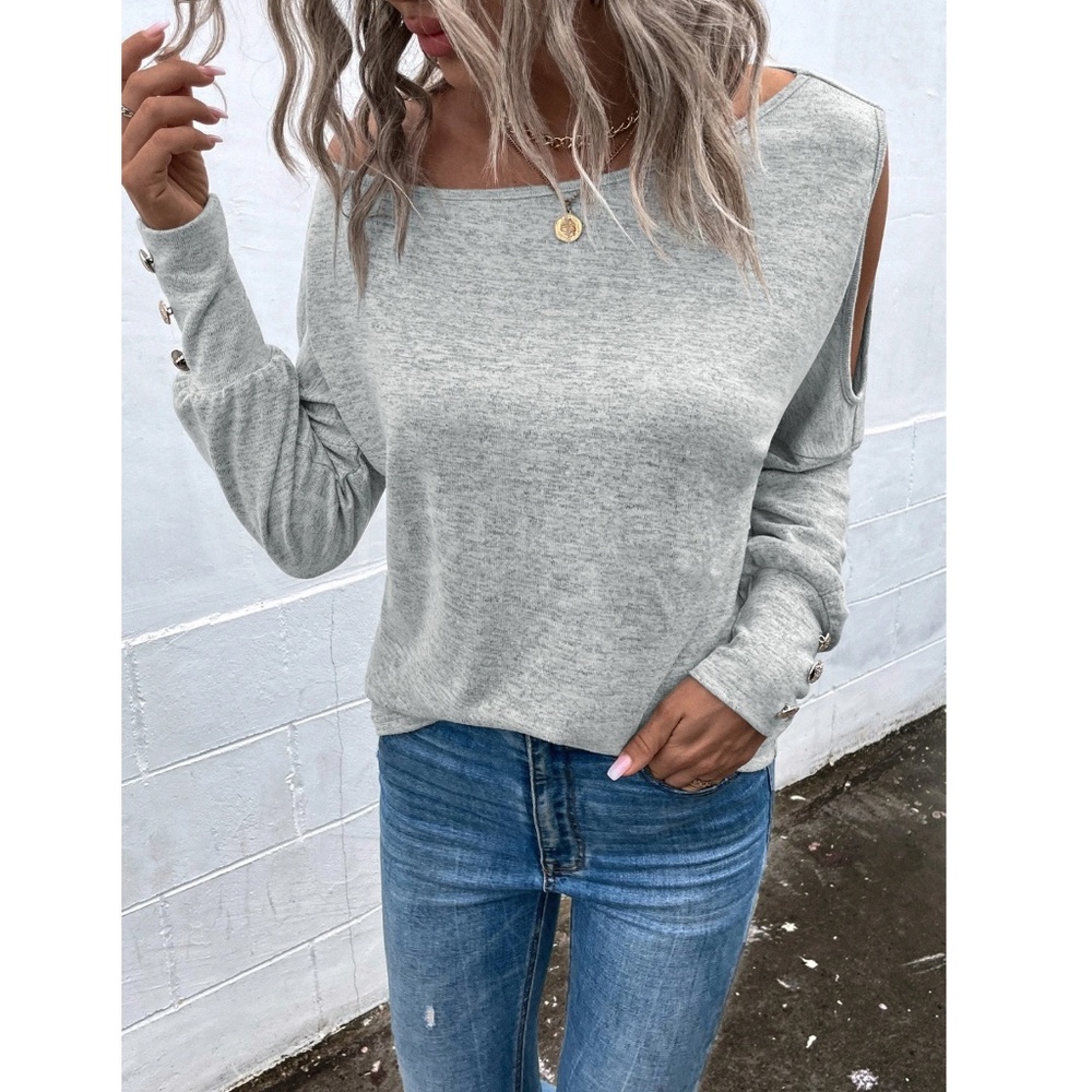 One Cold Shoulder Asymmetric Boat Neck Grey Long Sleeve Tee Shirt - Picture 5 of 9